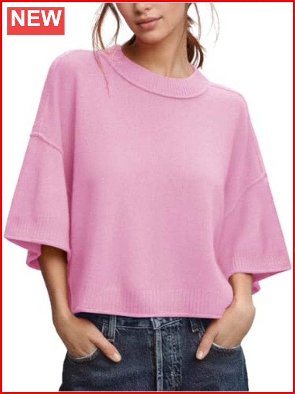 Womens Cropped Knit Sweater Pullover Crew Neck Loose Fit Casual Top